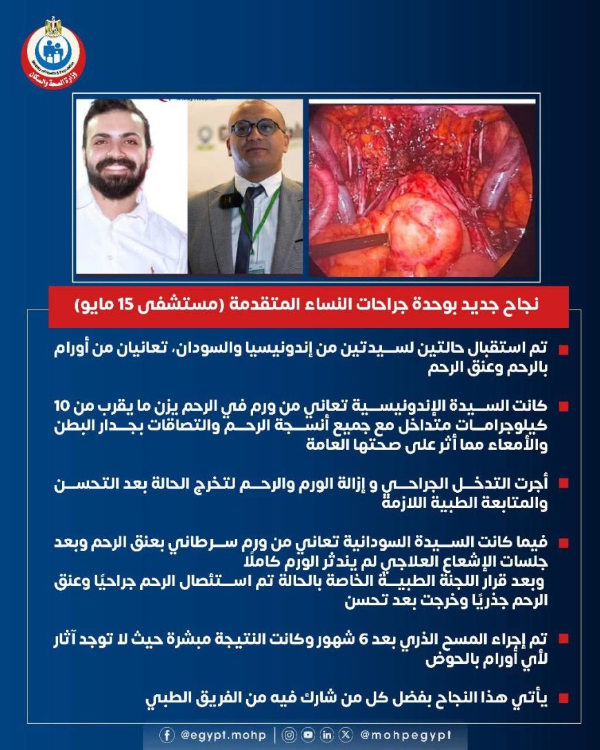" مستشفى ١٥ مايو النموذجي " تتصدى المركز الأول بمجهودات فريق و جراحات النساء المتقدمة إنقاذ حالتين لسيدتين من إندونيسيا والسودان تعانيان من أورام بالرحم