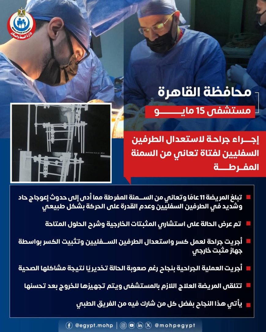 " مستشفى ١٥ مايو النموذجي " تتصدى المركز الأول بمجهودات فريق و جراحات العظام المتقدمة إنقاذ فتاة تبلغ من العمر 11 عاما تعانى من السمنه المفرطه