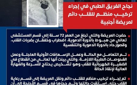 " أمانة المراكز الطبية المتخصصة " تنجح  في إجراء تركيب منظم للقلب دائم لمريضة أجنبية تبلغ من العمر  ٧٢ سنة مستشفى الزيتون التخصصى
