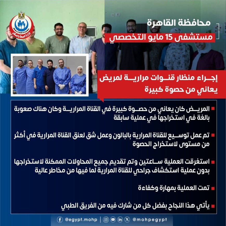 " مستشفى ١٥ مايو  النموذجي " تتصدى المركز الأول ديما بمجهودات فريق الجهاز الهضمي  في تقديم خدمات مناظير القنوات المرارية