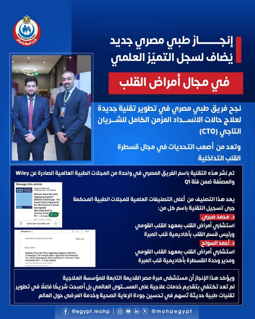 وزارة الصحة تشيد بإنجاز طبي مصري عالمي في علاج انسداد الشرايين التاجية المستعصية بمبره مصر القديمه